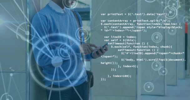 Animation Data Processing Scope Scanning Man Using Smartphone Global Technology — Stock Video