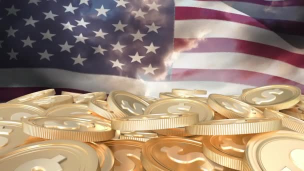 Animación Nosotros Bandera Ondeando Sobre Monedas Oro Interfaz Digital Finanzas — Vídeo de stock