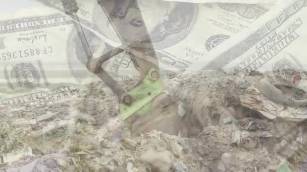 在垃圾处理场的挖掘机中 美元的钞票透支了 全球变暖和气候变化概念数码视频 — 图库视频影像