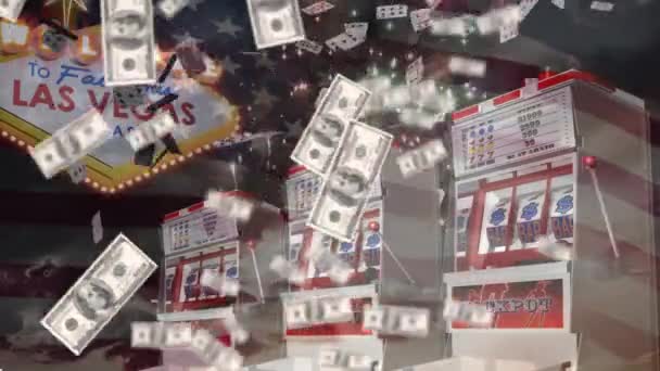 フルーツマシンとラスベガスのカジノの看板に落ちる米ドル札のアニメーション カジノやギャンブルの概念をデジタルで生成し — ストック動画