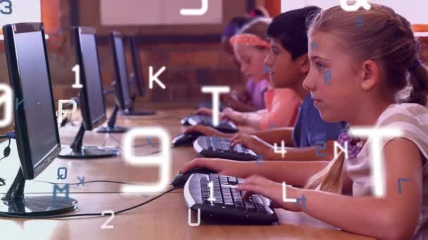 Animation of numbers and letters changing over school children using computers. technology education and learning concept digitally generated video.