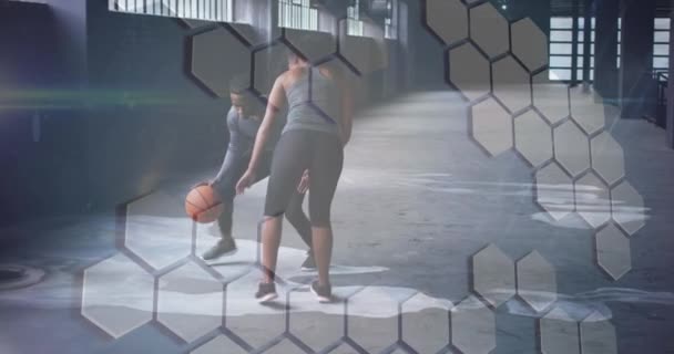 Animation White Grid Man Woman Playing Basketball Digital Interface Global — Stock Video