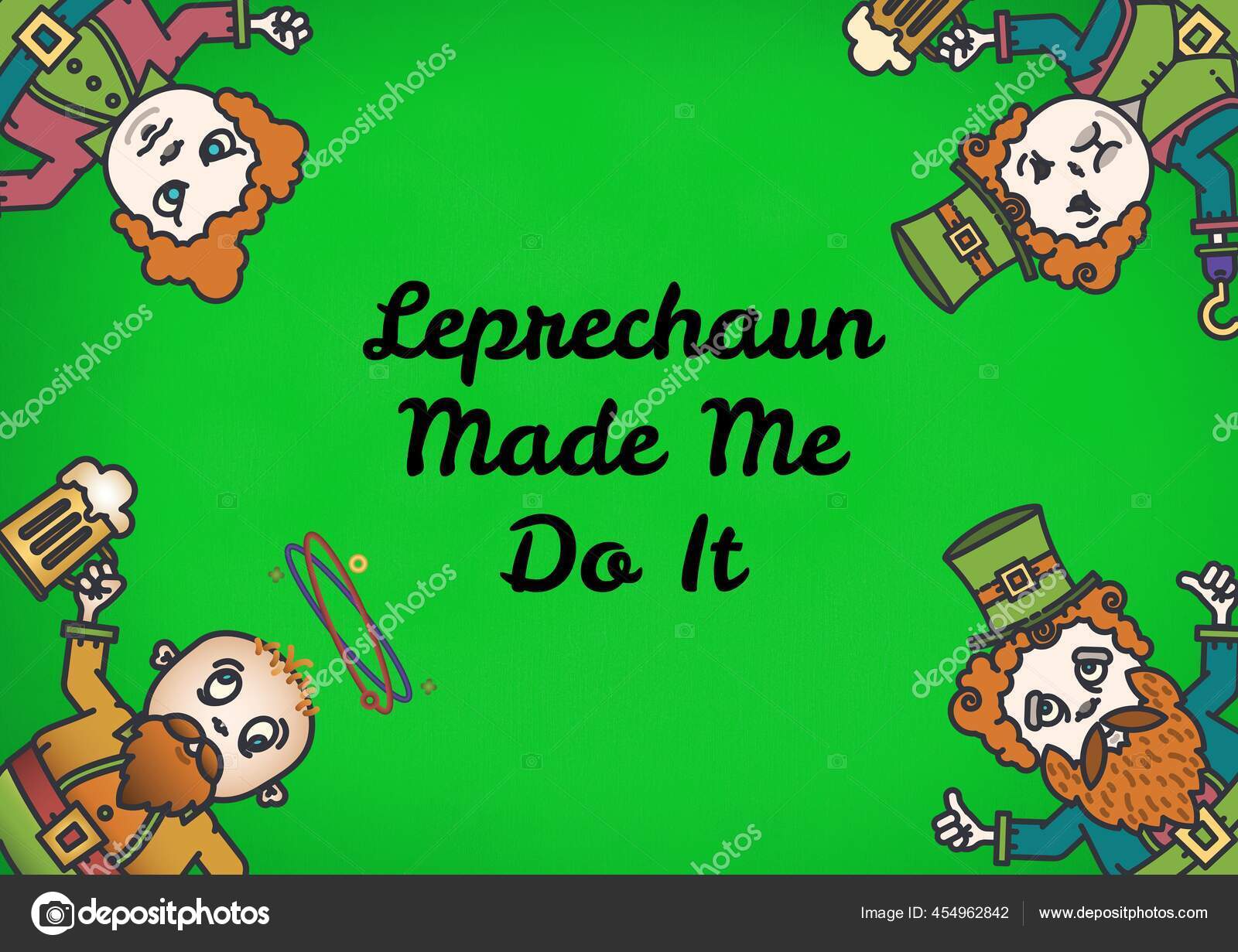 Leprechaun Made Text Four Leprechauns Corners Green Background