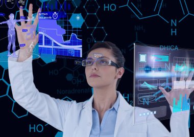 Kadın doktor, bilimsel veri işleme ve insan vücudu ile ekrana dokunuyor. küresel tıp bilimi ve teknoloji konsepti dijital olarak üretilen görüntü.