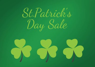 Yeşil arka planda yonca olan Aziz Patrick 'in satış metni. Aziz Patrick Günü 'nün dijital olarak oluşturulan imajını kutluyoruz.