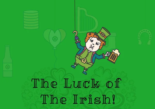 パターン化された緑の背景にビールのガラスを保持Leprechansとアイルランド語のテキストの運 お祝いの聖人パトリックの日のコンセプトデジタル生成された画像 — ストック写真