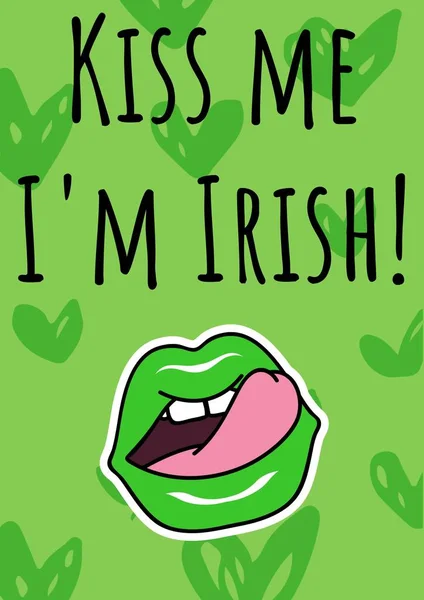 Kiss Irish Text Green Lips Green Heart Pattern Green Background — стоковое фото