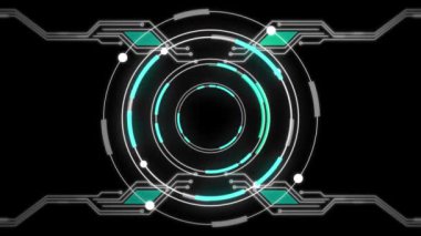 Kapsam taraması ve bilgisayar devre kartı elemanlarının siyah arkaplanda canlandırılması. Dijital arayüz küresel bağlantı ve dijital olarak oluşturulan iletişim konsepti.