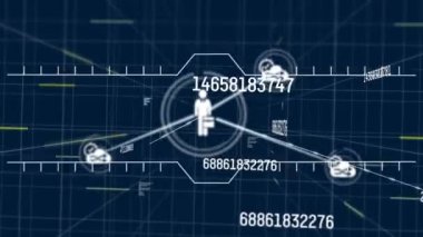 Siyah arkaplanda, tarih ve bağlı insanların beyaz simgelerini gösteren arayüz animasyonu. iletişim teknolojisi dijital arayüz kavramı, dijital olarak oluşturulmuş video.