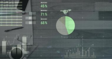 Finansal veri işleme animasyonu, masaüstü bilgisayar, akıllı telefon ve dizüstü bilgisayarlı istatistikler. küresel finans ve iş konsepti dijital olarak oluşturulmuş video.