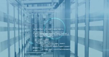 Bilgisayar sunucularıyla teknoloji odasında veri işleme animasyonu. küresel teknoloji bağlantısı ve dijital olarak oluşturulan iletişim konsepti.