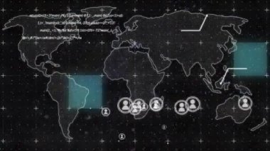 Bilgi dünyası haritası ve insan simgeleriyle arayüzün animasyonu. küresel iletişim teknolojisi dijital arayüz kavramı, dijital olarak oluşturulmuş video.