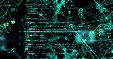 Bağlı medya simgelerinden oluşan ağı ve siyahla ilgili bilgileri gösteren arayüzün canlandırması. iletişim teknolojisi dijital arayüz kavramı, dijital olarak oluşturulmuş video.