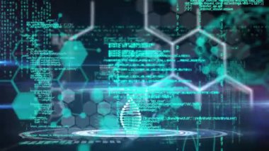 3D DNA iplikçiklerinin canlandırılması ve arkaplandaki altıgenlerin üzerinde bilimsel veri işlemesi. küresel bilim, bağlantı ve iletişim konsepti dijital olarak oluşturulmuş video.
