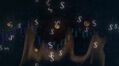 Dolar işaretleri üzerinde finansal veri işleme animasyonu. Dijital arayüz küresel finans ve iş konsepti dijital olarak oluşturulmuş video.