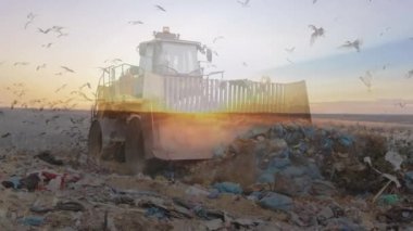 Atıkların atıldığı bölgede buldozer üzerinde uçan kuşların canlandırması. Çevre, küresel ısınma ve iklim değişikliği kavramı dijital olarak oluşturulmuş video.