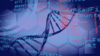 3D DNA iplikçiklerinin canlandırılması ve arkaplandaki altıgenlerin üzerinde bilimsel veri işlemesi. küresel bilim, bağlantı ve iletişim konsepti dijital olarak oluşturulmuş video.