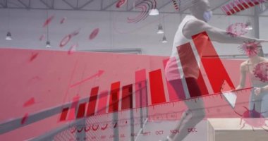 Yüz maskesi takan çeşitli grupların grafiklerinin ve istatistiklerinin animasyonu. Dijital olarak üretilen küresel covid 19salgın konsepti.