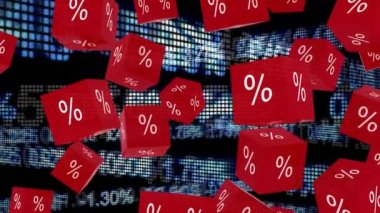 Grafikler ve istatistikler üzerinde yüzde yüz işaretli kırmızı küplerin animasyonu. dijital arayüz küresel finans ve iş konsepti dijital olarak oluşturulmuş video.