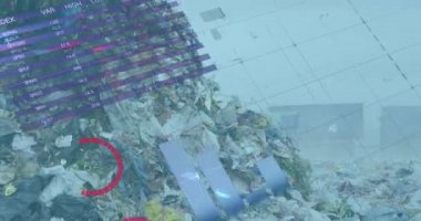 Bir çöp yığını üzerinde finansal veri işleme animasyonu. dijital arayüz küresel finans ve iş konsepti dijital olarak oluşturulmuş video.