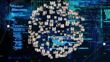 Bilgi ve verileri bağlı insanların görüntüleriyle gösteren arayüzün animasyonu. iletişim teknolojisi dijital arayüz kavramı, dijital olarak oluşturulmuş video.