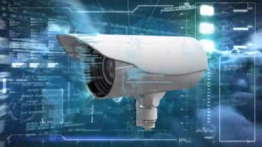 Bilgi arayüzü, hareket eden bulutlar ve güvenlik kameralarının animasyonu. küresel iletişim teknolojisi dijital arayüz kavramı, dijital olarak oluşturulmuş video.