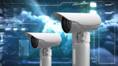 Bilgilerin canlandırılması ve hareket eden güvenlik kameraları. küresel iletişim teknolojisi dijital arayüz kavramı, dijital olarak oluşturulmuş video.
