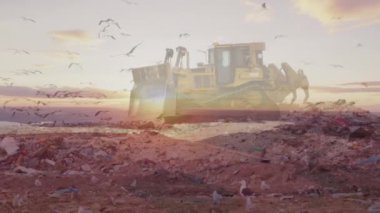 Atıkların atıldığı bölgede buldozer üzerinde uçan kuşların canlandırması. Çevre, küresel ısınma ve iklim değişikliği kavramı dijital olarak oluşturulmuş video.