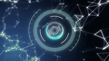 Dairesel tarama ve karanlık arka planda yüzen bağlantı ağının animasyonu. iletişim teknolojisi dijital arayüz kavramı, dijital olarak oluşturulmuş video.