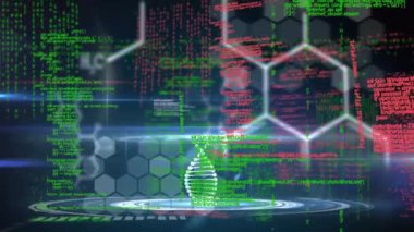 3D DNA iplikçiklerinin canlandırılması ve arkaplandaki altıgenlerin üzerinde bilimsel veri işlemesi. küresel bilim, bağlantı ve iletişim konsepti dijital olarak oluşturulmuş video.