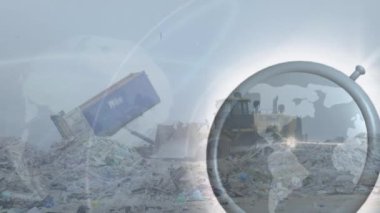 Atık imha alanındaki araçların üzerinden geçen saatin animasyonu. Çevre, küresel ısınma ve iklim değişikliği kavramı dijital olarak oluşturulmuş video.