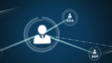 Karanlık arka planda hareket eden bağlı insan simgelerinden oluşan bir ağın animasyonu. küresel iletişim dijital arayüz kavramı, dijital olarak oluşturulmuş video.