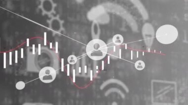 Gri arkaplanda beyaz simgelerle bağlı insanları ve medyayı gösteren arayüz animasyonu. iletişim teknolojisi dijital arayüz kavramı, dijital olarak oluşturulmuş video.