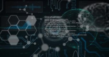 Veri işleme ve insan beyninin siyah arka planda canlandırılması. dijital arayüz küresel bilim, bağlantı ve iletişim konsepti dijital olarak oluşturulmuş video.