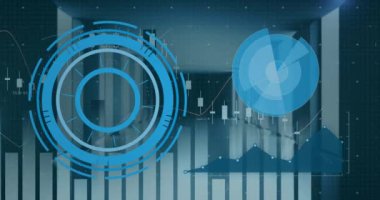 Mavi arka planda dürbün taraması ve veri işleme animasyonları. dijital arayüz küresel bağlantı ve dijital olarak oluşturulan iletişim konsepti.