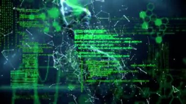 3D DNA iplikçiklerinin canlandırılması ve arkaplandaki altıgenlerin üzerinde bilimsel veri işlemesi. küresel bilim, bağlantı ve iletişim konsepti dijital olarak oluşturulmuş video.
