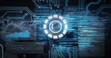 Kapsam taraması, veri işleme ve arkaplandaki bulutların üzerinde değişen numaraların animasyonu. dijital arayüz küresel bağlantı ve dijital olarak oluşturulan iletişim konsepti.