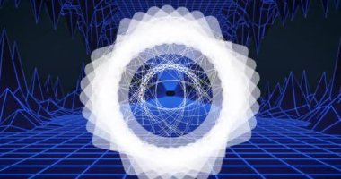 Arka planda mavi ızgara ile kusursuz döngü üzerinde dönen çoklu beyaz geometrik şekillerin animasyonu. renk, tekrarlama ve hareket konsepti dijital olarak oluşturulmuş video.