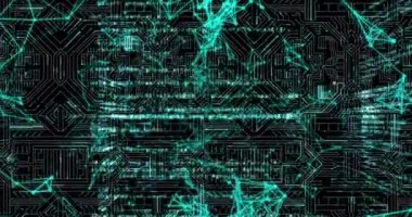 Ağ bağlantıları ve anakart üzerindeki verileri gösteren arayüz animasyonu. küresel iletişim teknolojisi dijital arayüz kavramı, dijital olarak oluşturulmuş video.