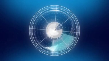 Kapsam taraması animasyonu ve mavi arkaplandaki bağlantı ağları. Dijital arayüz küresel bağlantı ve dijital olarak oluşturulan iletişim konsepti.