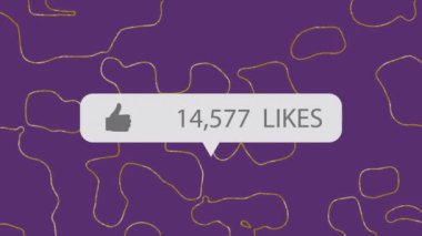 Mor arkaplandaki sarı çizgilerin üzerinde baş parmağı olan yazı ve numaraların animasyonu. küresel teknoloji, bağlantı ve iletişim konsepti dijital olarak oluşturulmuş video.