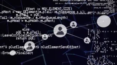 Bilgi gösteren arayüzün canlandırılması ve siyah arkaplanda beyaz simgeler halinde bağlı insanlar. iletişim teknolojisi dijital arayüz kavramı, dijital olarak oluşturulmuş video.