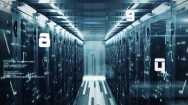 Bilgisayar sunucularıyla teknoloji odasında değişen numaraların animasyonu. küresel teknoloji ve veri işleme kavramı dijital olarak oluşturulmuş video.