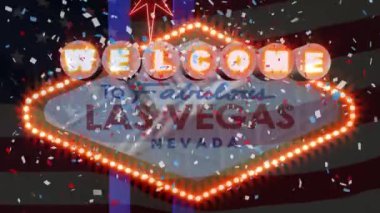 Las Vegas Gazino tabelasının üzerinde Amerikan bayrağının dalgalandığı konfeti animasyonu. Kutlama, kumarhane ve kumar konsepti dijital olarak üretilen video.