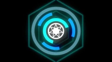 Siyahın arkasında eşmerkezli altıgenlerin hareket ettiği dairesel tarama animasyonu. iletişim teknolojisi dijital arayüz kavramı, dijital olarak oluşturulmuş video.