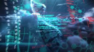 3D DNA iplikçiklerinin canlandırılması ve arkaplandaki altıgenlerin üzerinde bilimsel veri işlemesi. küresel bilim, bağlantı ve iletişim konsepti dijital olarak oluşturulmuş video.