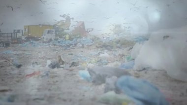 Atık imha alanındaki araçların üzerinde parlayan noktaların animasyonu. Çevre, küresel ısınma ve iklim değişikliği kavramı dijital olarak oluşturulmuş video.