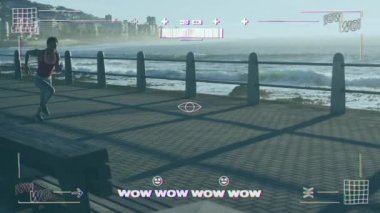 Deniz kenarında koşu yapan kadın hakkındaki istatistik ve grafiklerin animasyonu. Dijital arayüz küresel spor ve performans konsepti dijital olarak oluşturulmuş video.