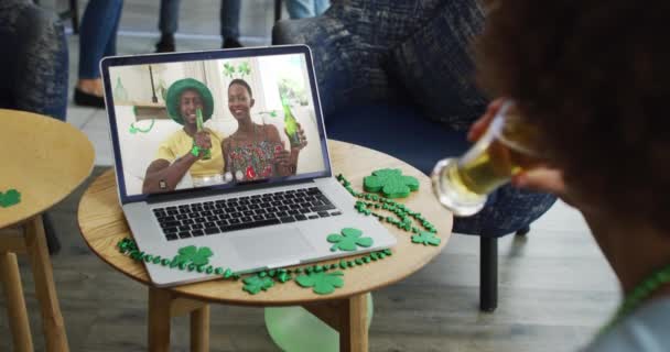Man Having Beer Laptop Video Call Celebrating Patrick Day Friends — Stock Video