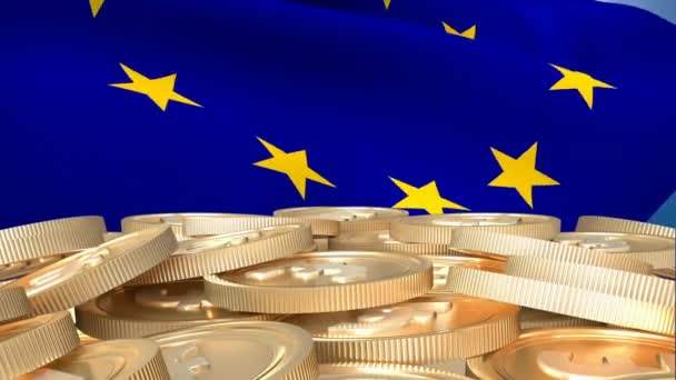 Animation Europeiska Unionens Flagga Viftande Över Guldmynt Digitalt Gränssnitt Global — Stockvideo